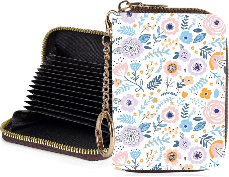 Luoycxy Credit Card Holder for Women,Small Rfid Wallet with Keychain Zipper,Cute PU Leather Card Case Wallet，Accordion Credit Card Wallets Gift,White Pink Flowers - Image 1
